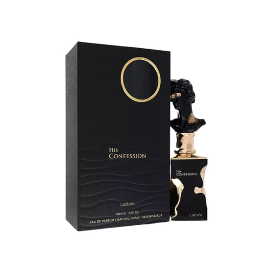 Perfume KingParfumCol His Confession con frasco en forma de busto negro y dorado junto a su caja de presentación negra