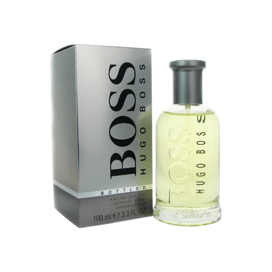 Perfume KingParfumCol Hugo Boss Bottled Original en frasco de vidrio con caja plateada, fragancia amaderada masculina