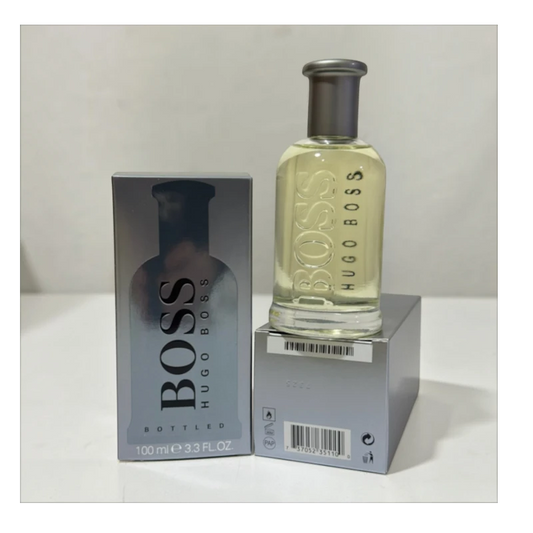 Perfume Hugo Boss Bottled Original de KingParfumCol con frasco de vidrio transparente y caja plateada de 100ml