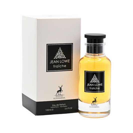 Perfume Jean Lowe Original de KingParfumCol en frasco de cristal con caja blanca y negra y logo de ciervo