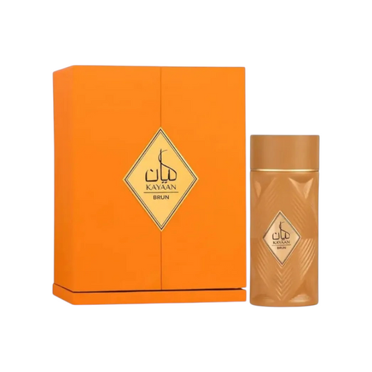 Perfume Kayaan Brun Original de KingParfumCol con frasco marrón texturizado y caja de presentación naranja brillante