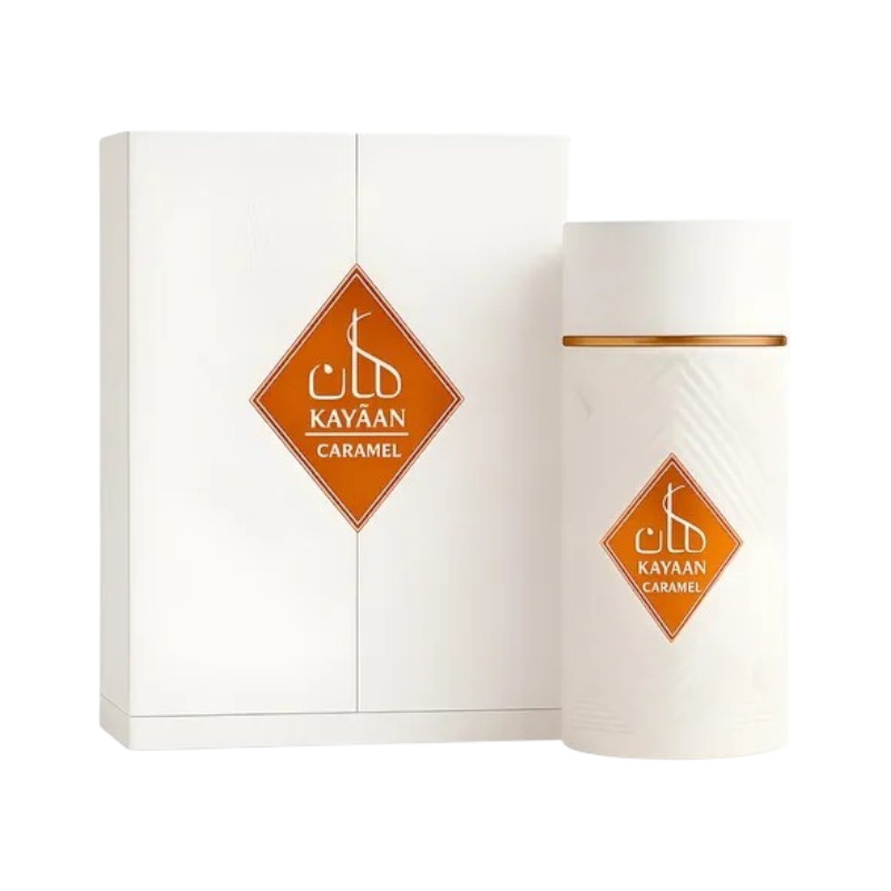 Perfume Kayaan Caramel Original de KingParfumCol en frasco blanco elegante con caja de presentación a juego