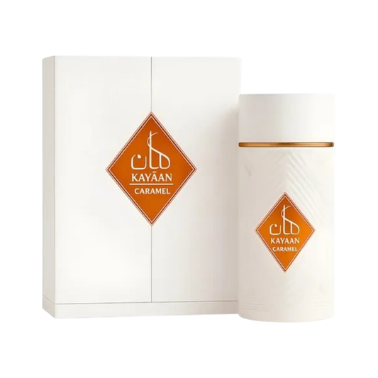 Perfume Kayaan Caramel Original de KingParfumCol en frasco blanco elegante con caja de presentación a juego