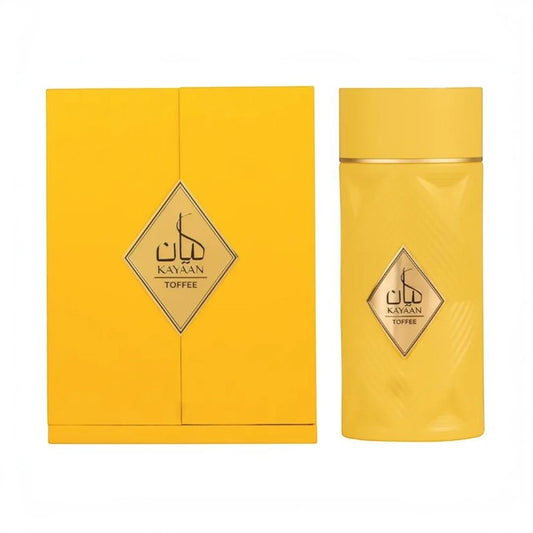 Perfume Kayaan Toffe Original de KingParfumCol en frasco y caja de color amarillo brillante con diseño elegante