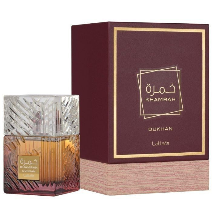 Perfume Khamrah Dunkan de KingParfumCol con frasco de cristal tallado y caja de presentación color burdeos