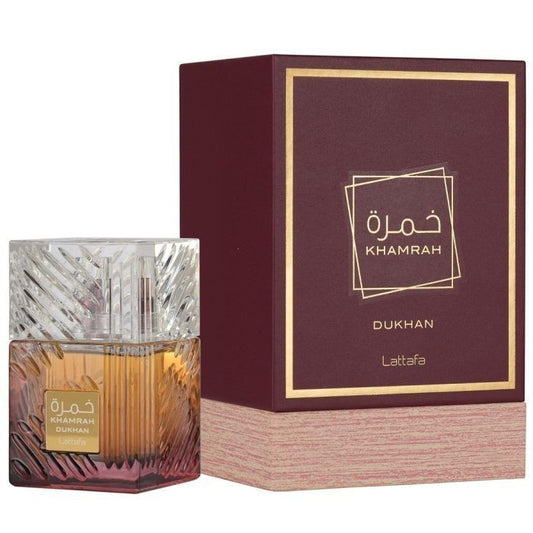 Perfume Khamrah Dunkan de KingParfumCol con frasco de cristal tallado y caja de presentación color burdeos