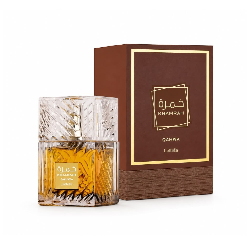 Perfume Khamrah Qahwa de KingParfumCol en frasco de cristal tallado con caja marrón elegante