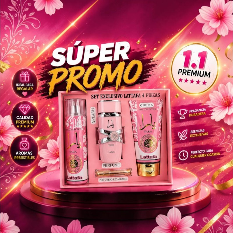 Kit de regalo KingParfumCol Yara con perfume, splash, crema y atomizador en caja rosa de lujo