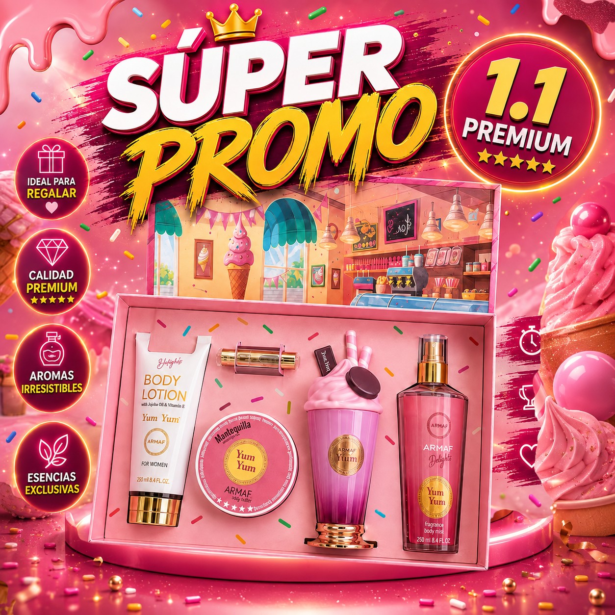 Kit de regalo KingParfumCol Yum Yum con loción corporal, manteca y perfume en caja temática de heladería rosa
