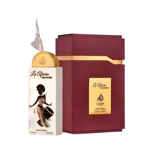 Perfume KingParfumCol La African Drummer con frasco blanco ilustrado y caja de regalo color burdeos con detalles oro