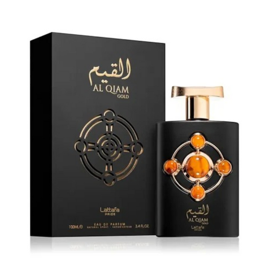 Perfume Lattafa Al Qiam Gold de KingParfumCol en frasco negro con detalles dorados y caja de presentación a juego
