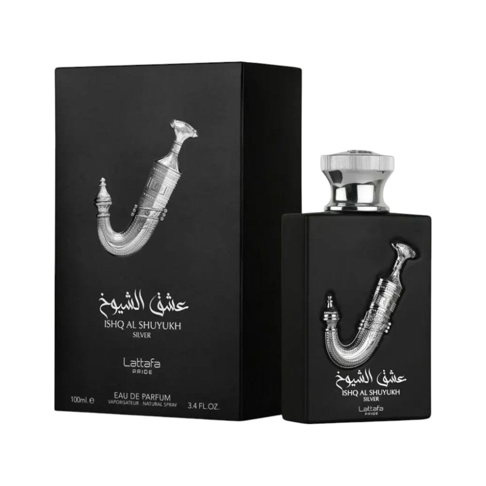 Perfume Lattafa Isha Al Shuyukh Silver de KingParfumCol con frasco negro y emblema plateado de daga tradicional