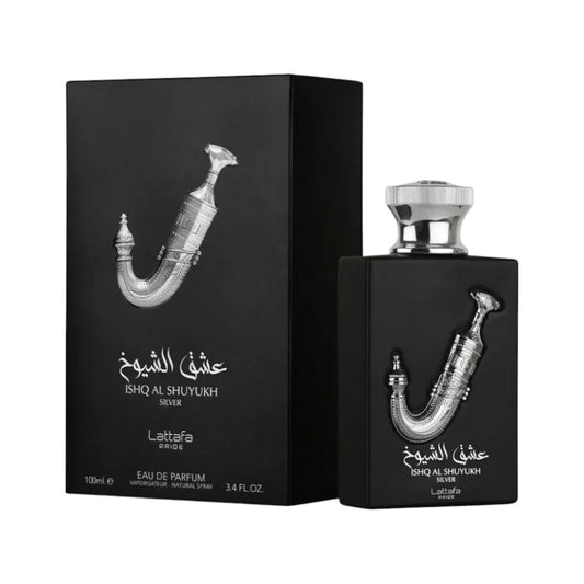 Perfume Lattafa Isha Al Shuyukh Silver de KingParfumCol con frasco negro y emblema plateado de daga tradicional