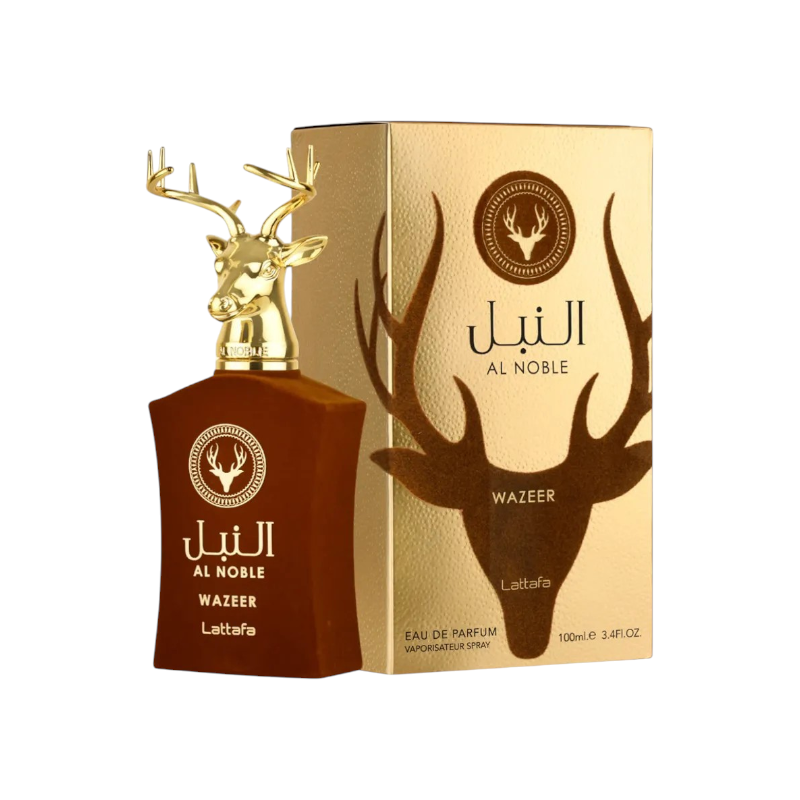 Perfume Lattafa Wazzer de KingParfumCol con frasco marrón y tapón dorado en forma de cabeza de ciervo junto a su caja