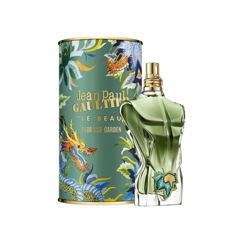 Perfume KingParfumCol Le Beau Paradise Garden de Jean Paul Gaultier con frasco verde y estuche decorado con dragones