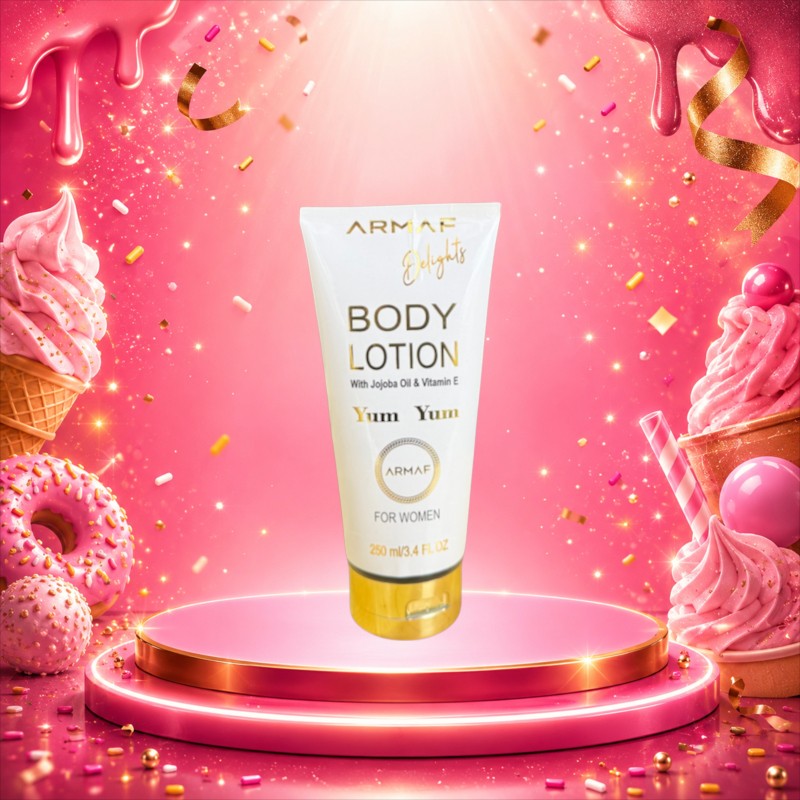 Loción corporal Armaf Yum Yum para mujer con aceite de jojoba y vitamina E en envase blanco de KingParfumCol