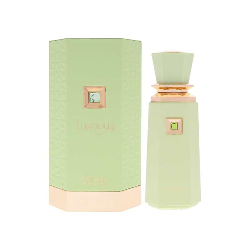 Perfume KingParfumCol Luscious French Avenue en frasco verde pastel con detalles dorados y caja a juego