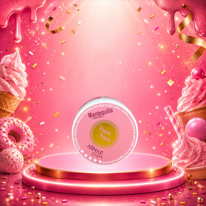 Tarro de manteca corporal Yum Yum de KingParfumCol sobre podio rosa con confeti y fondo festivo brillante