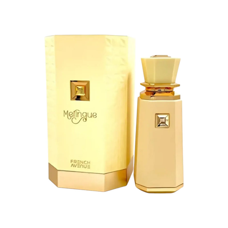 Perfume Meringue French Avenue de KingParfumCol en frasco beige elegante con detalles dorados y su caja a juego