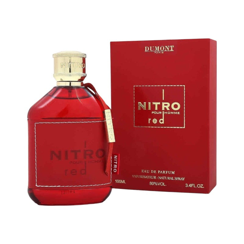 Perfume Nitro Red Original de KingParfumCol en frasco rojo con detalles dorados y caja a juego