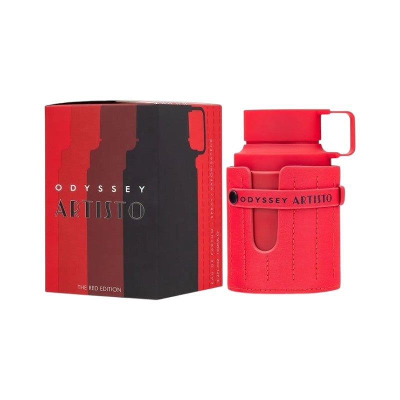 Perfume KingParfumCol Odyssey Artistic Original en frasco rojo con funda de cuero y caja a juego