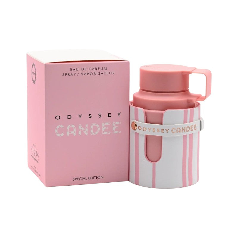 Perfume Odyssey Candee Original de KingParfumCol con frasco rosa y blanco y caja a juego