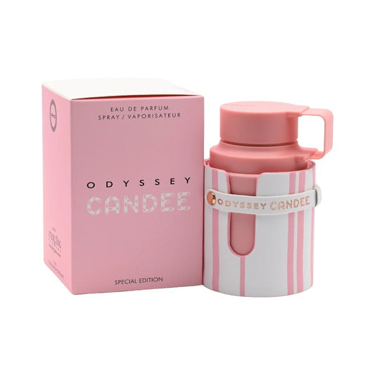 Perfume Odyssey Candee Original de KingParfumCol con frasco rosa y blanco y caja a juego
