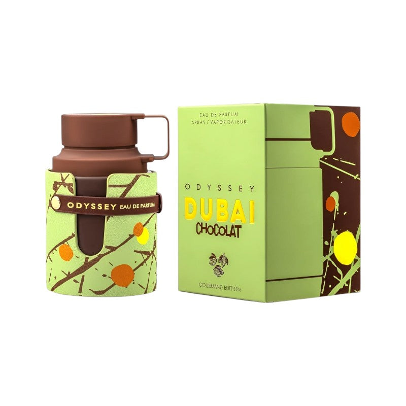 Perfume Odyssey Chocolate Dubai Original de KingParfumCol con frasco marrón y funda verde decorada con motivos frutales