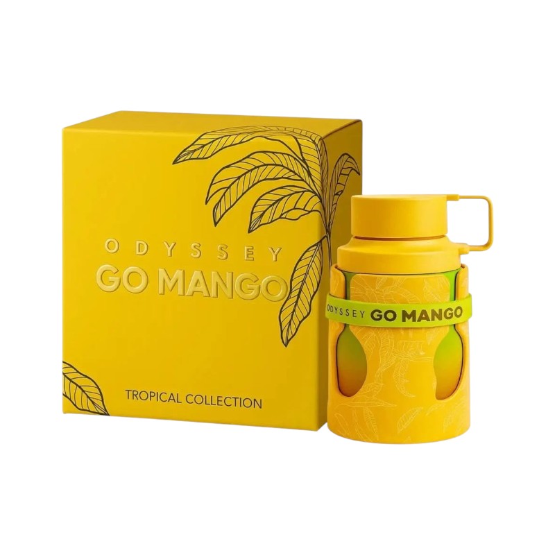Botella de perfume KingParfumCol Odyssey Go Mango con caja amarilla decorada con hojas tropicales