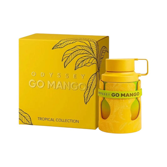 Botella de perfume KingParfumCol Odyssey Go Mango con caja amarilla decorada con hojas tropicales