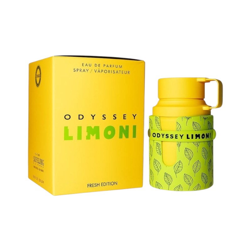 Perfume Odyssey Limoni Original de KingParfumCol con caja amarilla y frasco con funda verde de hojas