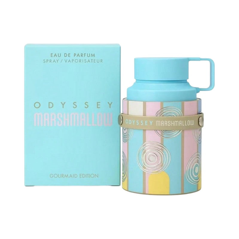 Perfume Odyssey Marshmallow Original de KingParfumCol con caja azul claro y frasco cilíndrico de diseño colorido
