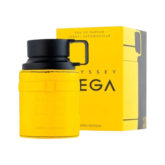 Perfume Odyssey MEGA Original de KingParfumCol en frasco amarillo con funda de cuero y caja a juego