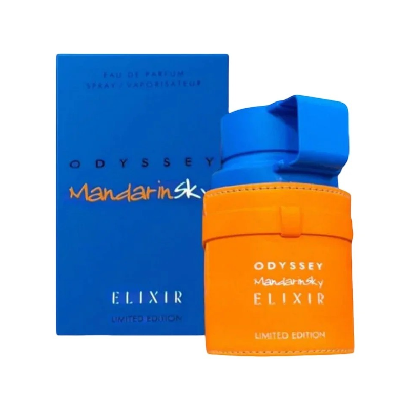 Perfume KingParfumCol Odyssey Sky Mandarin Elixir con frasco naranja y caja azul brillante