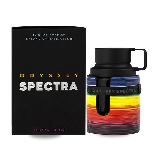 Perfume KingParfumCol Odyssey Spectra Original con frasco de diseño arcoíris y caja negra elegante