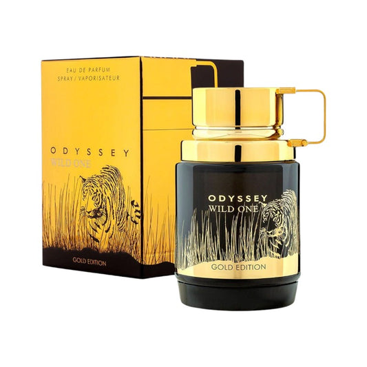 Perfume KingParfumCol Odyssey Wild One Gold Edition con frasco negro y dorado y caja a juego con diseño de tigre