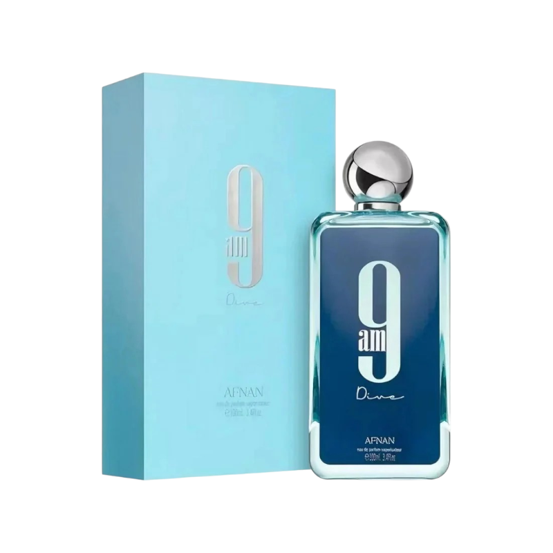 Perfume 9AM Dive de Afnan en KingParfumCol, fragancia acuática cítrica en frasco azul con caja azul claro