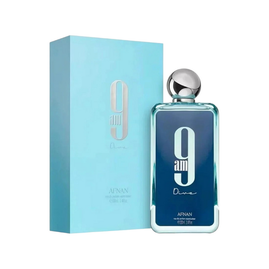 Perfume 9AM Dive de Afnan en KingParfumCol, fragancia acuática cítrica en frasco azul con caja azul claro