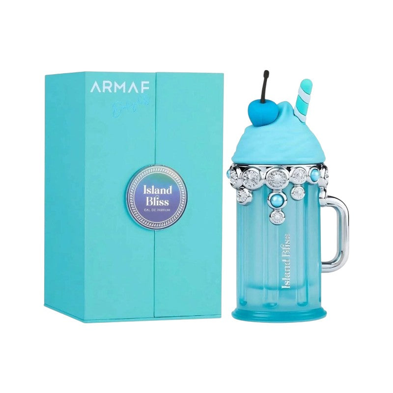 Perfume Island Bliss Armaf de KingParfumCol en frasco con forma de batido azul decorado con cereza y cristales