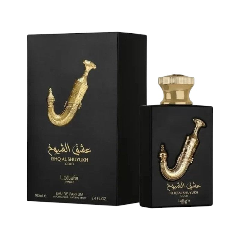 Perfume Lattafa Isha Al Shuyukh Gold de KingParfumCol en frasco negro con detalles dorados junto a su caja elegante