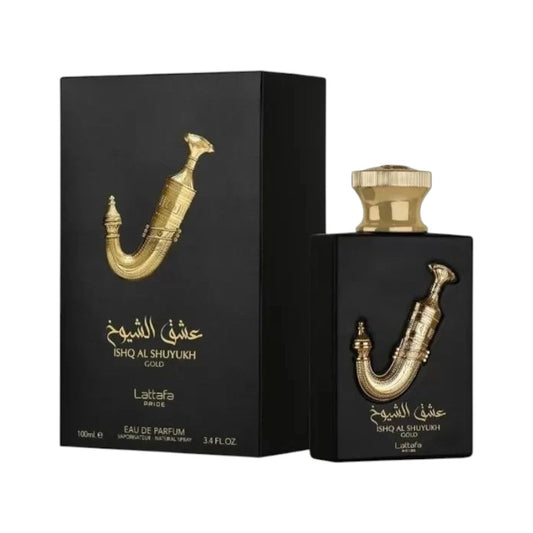 Perfume Lattafa Isha Al Shuyukh Gold de KingParfumCol en frasco negro con detalles dorados junto a su caja elegante