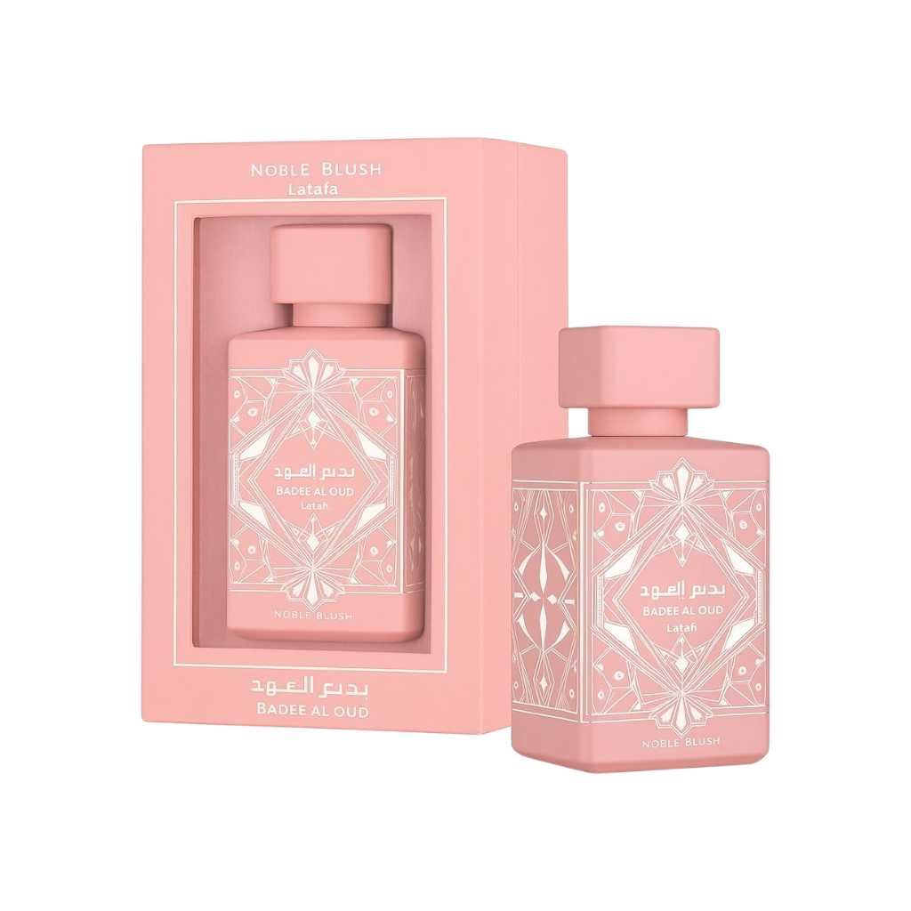 Perfume Lattafa Noble Blush de KingParfumCol en frasco rosa pastel con diseño geométrico y caja de presentación