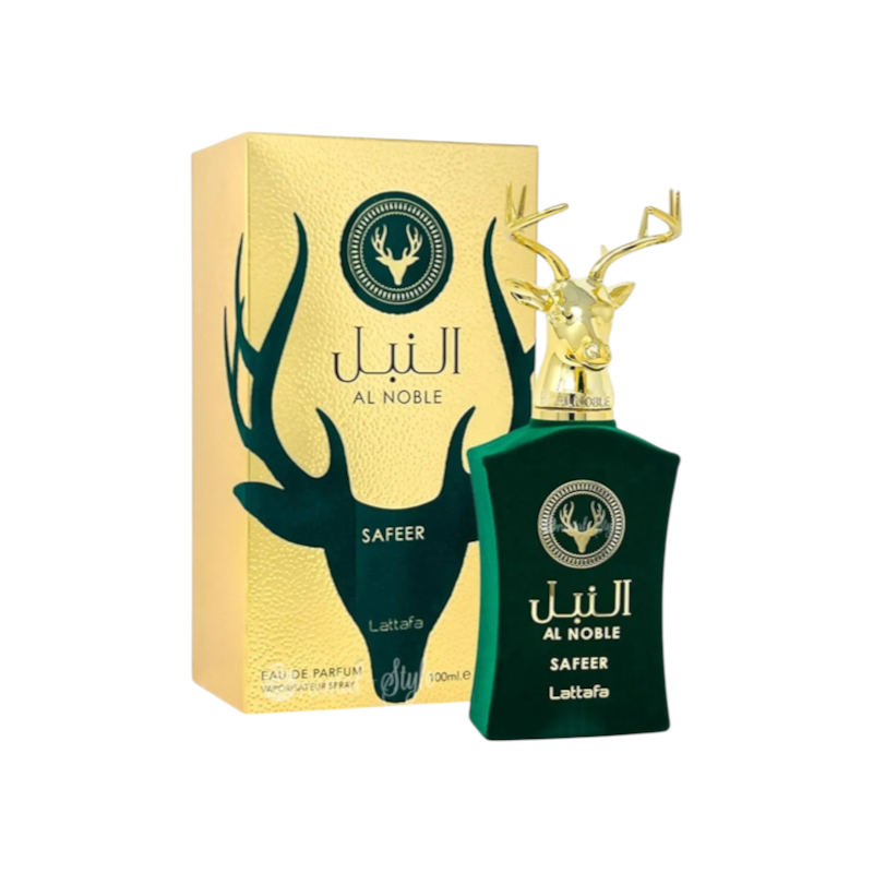 Perfume Lattafa Safeer de KingParfumCol en frasco verde con tapón dorado en forma de cabeza de ciervo y caja dorada