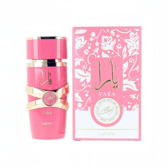 Perfume Yara Lattafa Original de KingParfumCol en frasco rosado con detalles dorados junto a su caja decorada