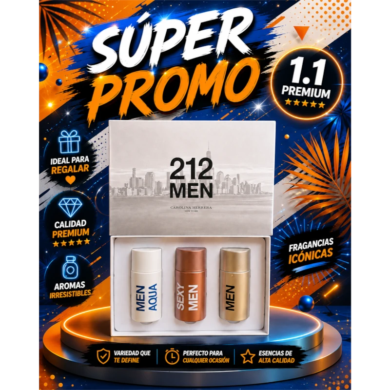 Set de 212 mini fragancias de KingParfumCol con tres frascos en tonos blanco, cobre y dorado sobre base iluminada.