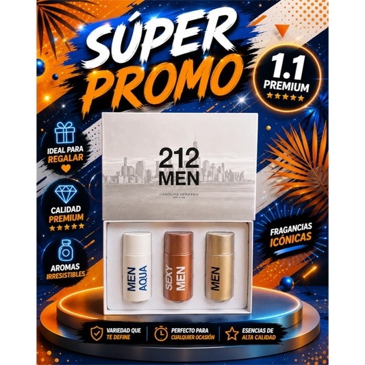 Set de 212 mini fragancias de KingParfumCol con tres frascos en tonos blanco, cobre y dorado sobre base iluminada.