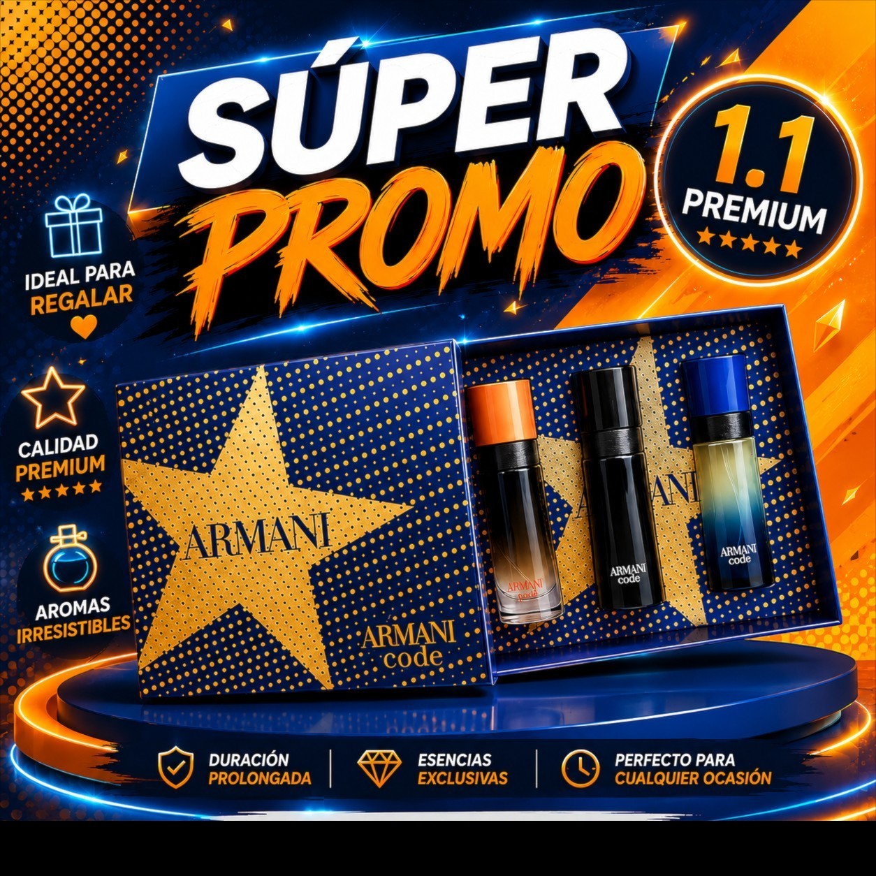 Set de fragancias Armani Code de KingParfumCol en caja azul con estrellas doradas y tres frascos de perfume