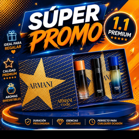 Set de fragancias Armani Code de KingParfumCol en caja azul con estrellas doradas y tres frascos de perfume