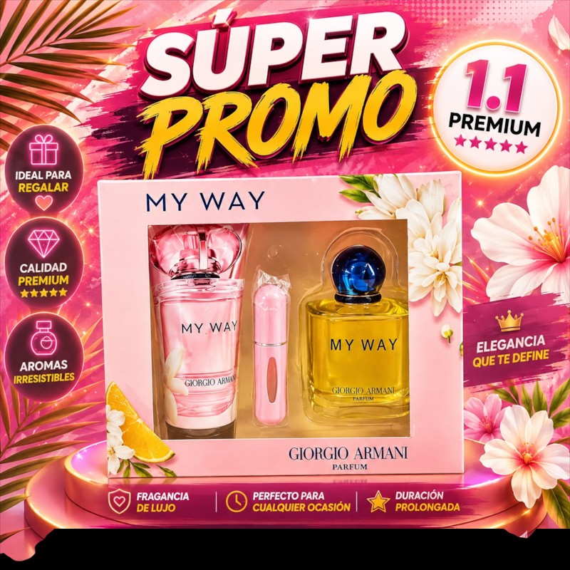 Set de regalo KingParfumCol My Way de Giorgio Armani con perfume, frasco de viaje y diseño floral elegante