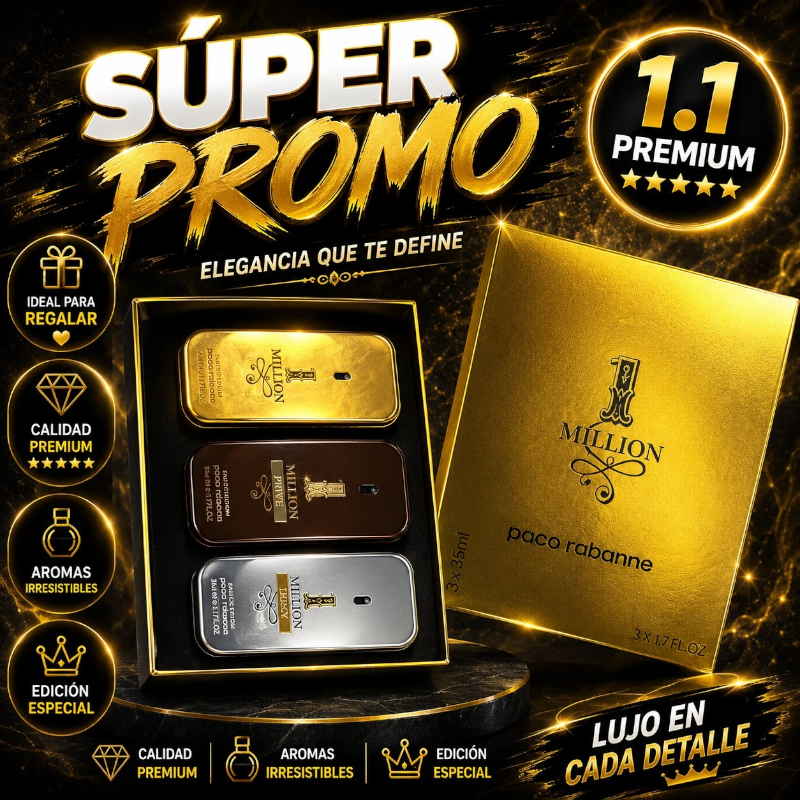 Set de perfumes KingParfumCol 1 Million de Paco Rabanne con tres fragancias en estuche dorado de lujo